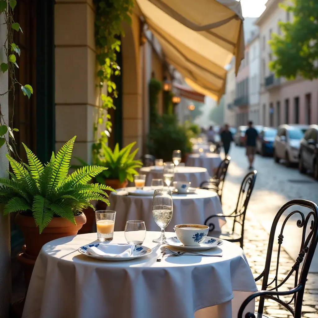 Sunlit Outdoor Café: Ferns and Fine Tableware