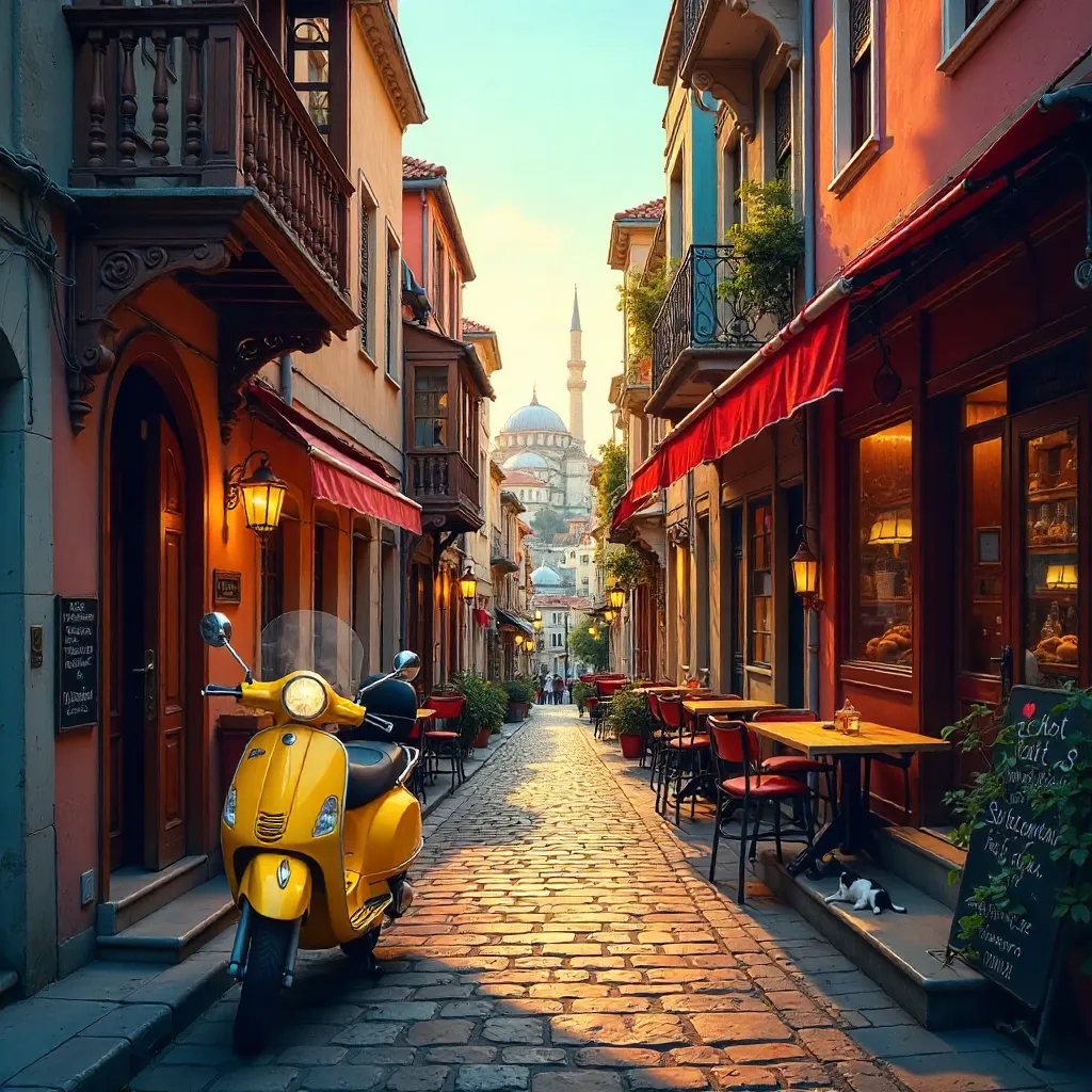 Istanbul Street Scene: Yellow Scooter Among Colorful Buildings
