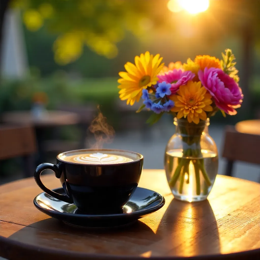 Latte Art beside Colorful Vase on Outdoor Table