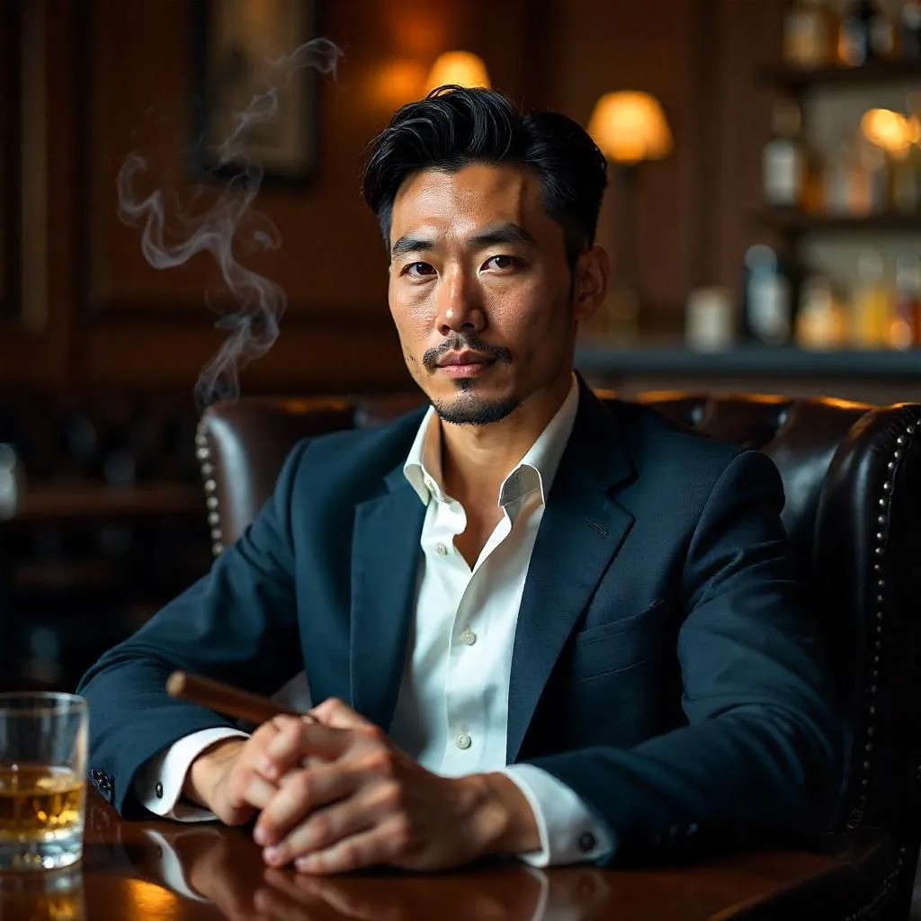 Handsome Asian Man in a Cigar Lounge, Photorealistic