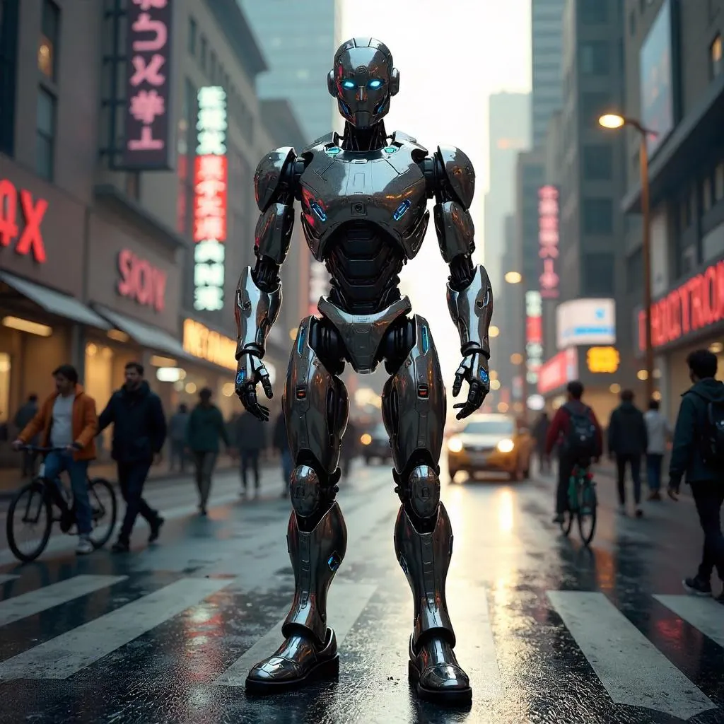 Sleek 3D Robot Amid a Bustling City Street