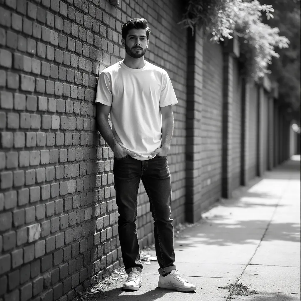 Monochrome Portrait of a Young Man by a Brick Wall