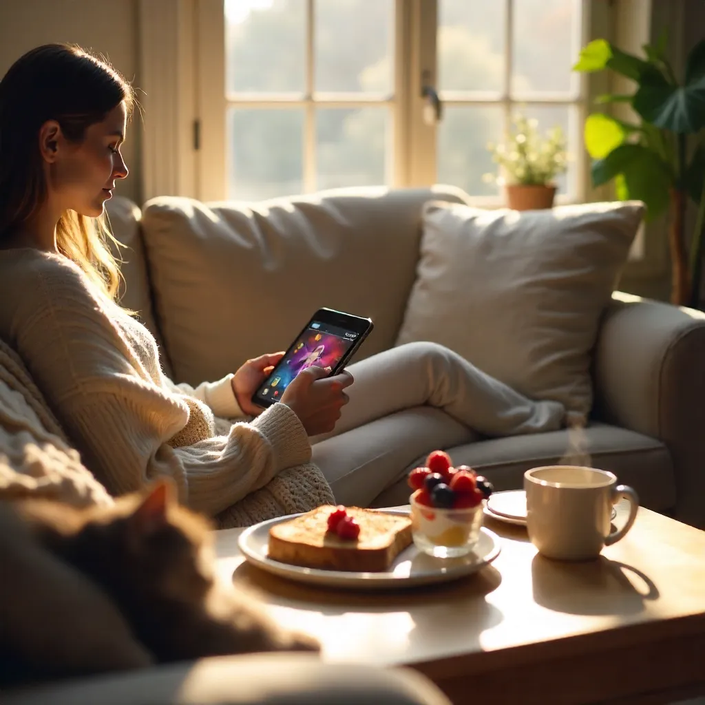 Cozy Morning: Tablet Gaming and Breakfast Glow