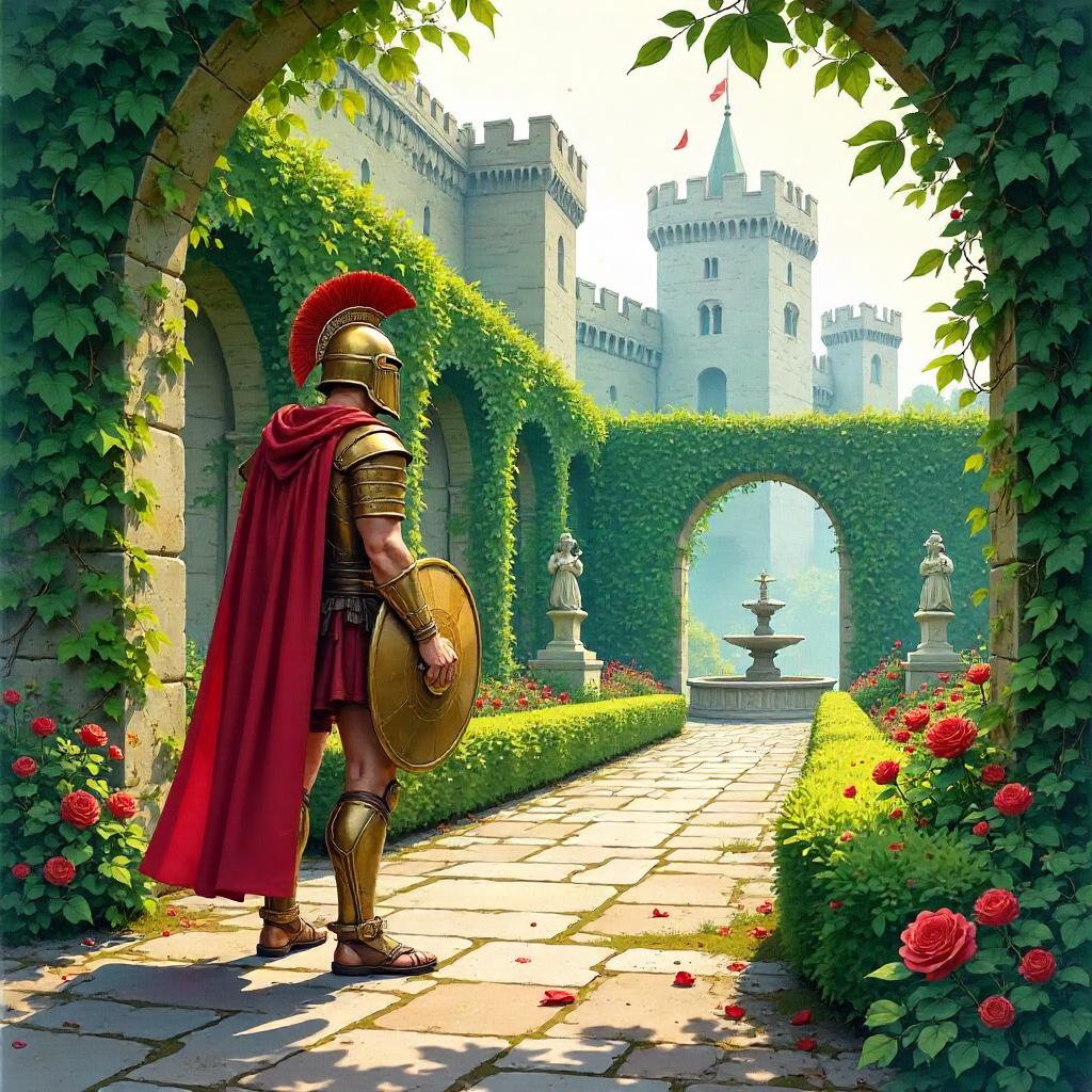 Gladiator in a Watercolor Castle Garden