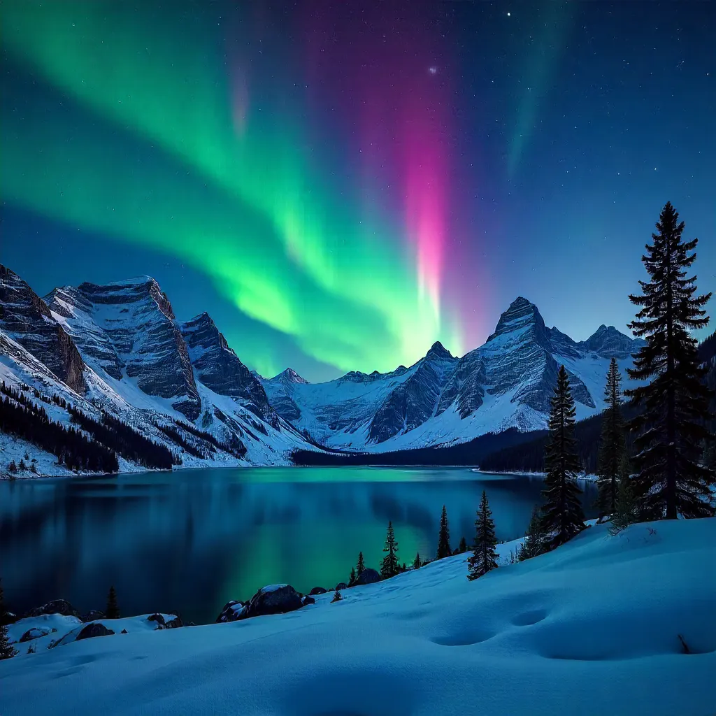 Aurora Over Snowy Peaks: Night Sky Majesty