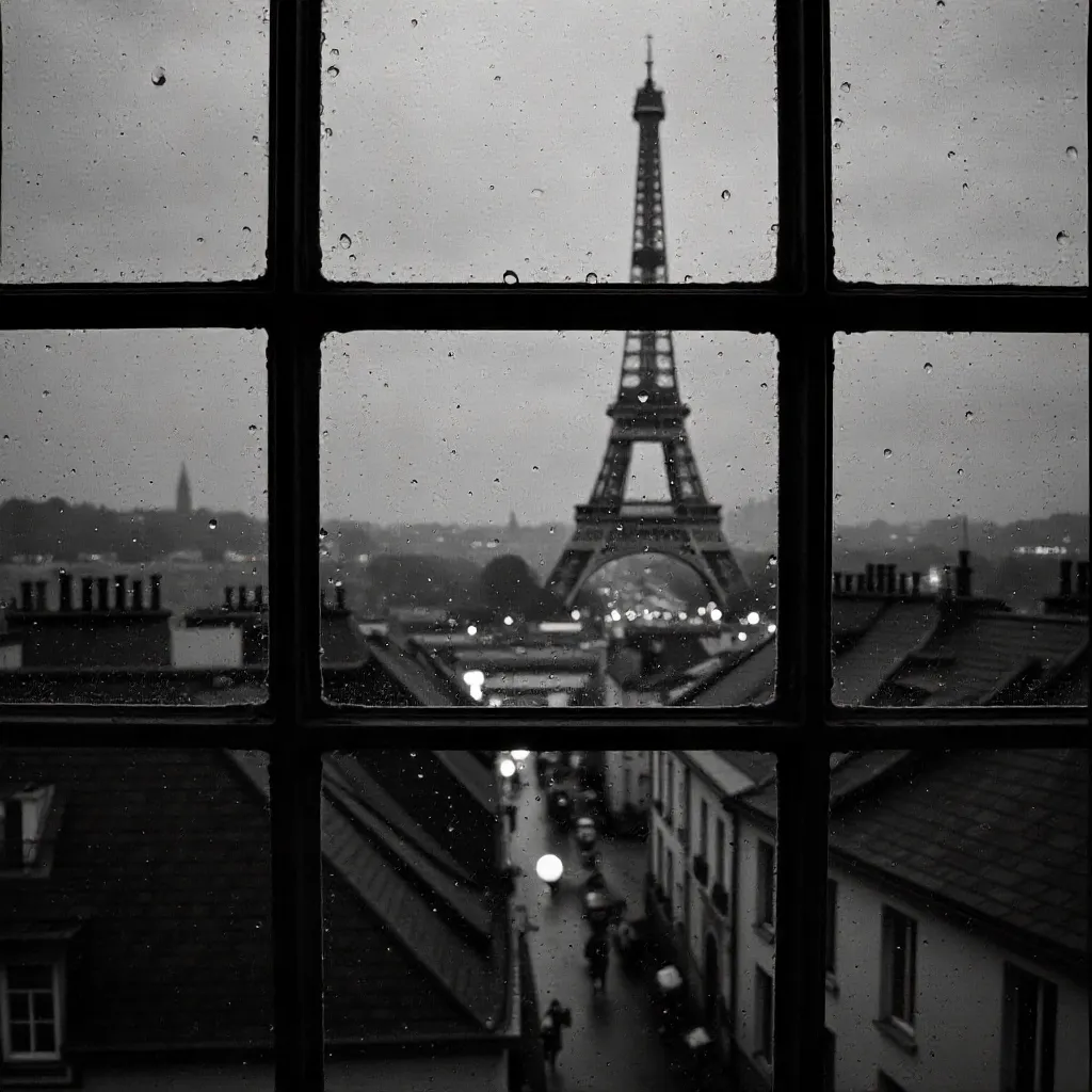 Rainy Paris Noir: Eiffel Through Wet Window