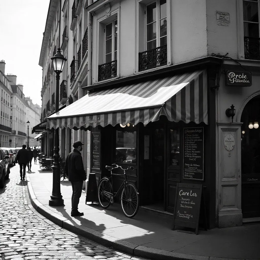 Monochrome Paris Café Corner with Bicycle