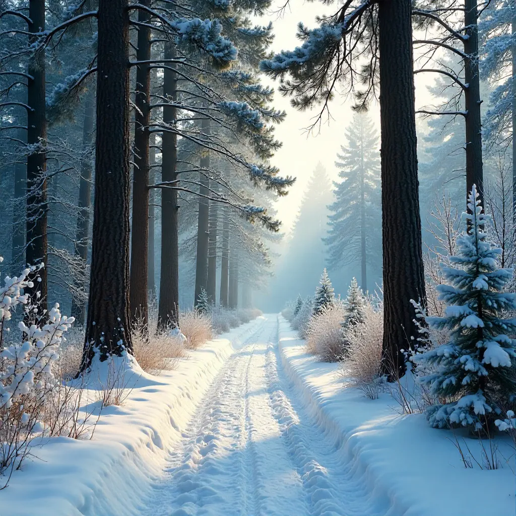 Snowy Path Through a Tranquil Winter Forest