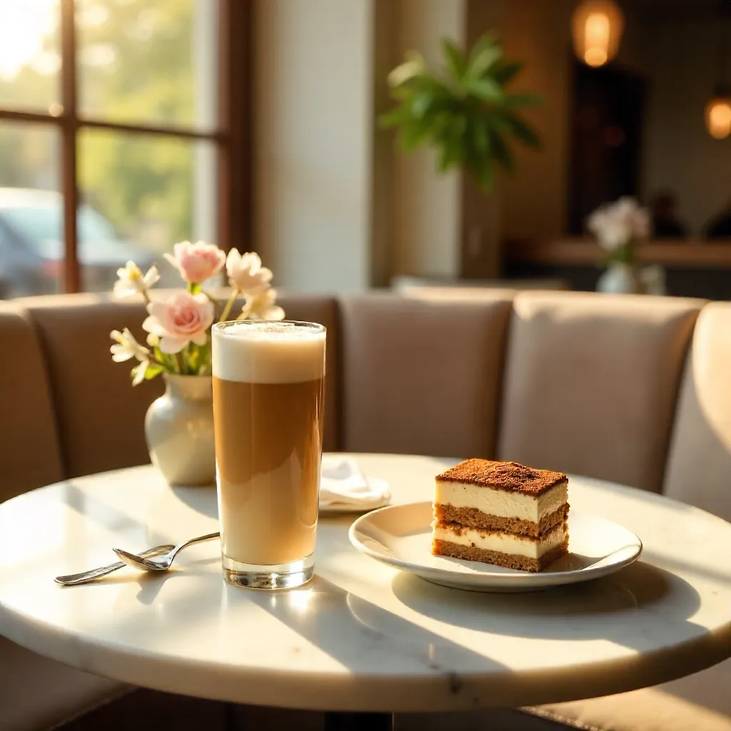 Elegant Cafe Scene: Iced Latte and Tiramisu in Soft Sunlight