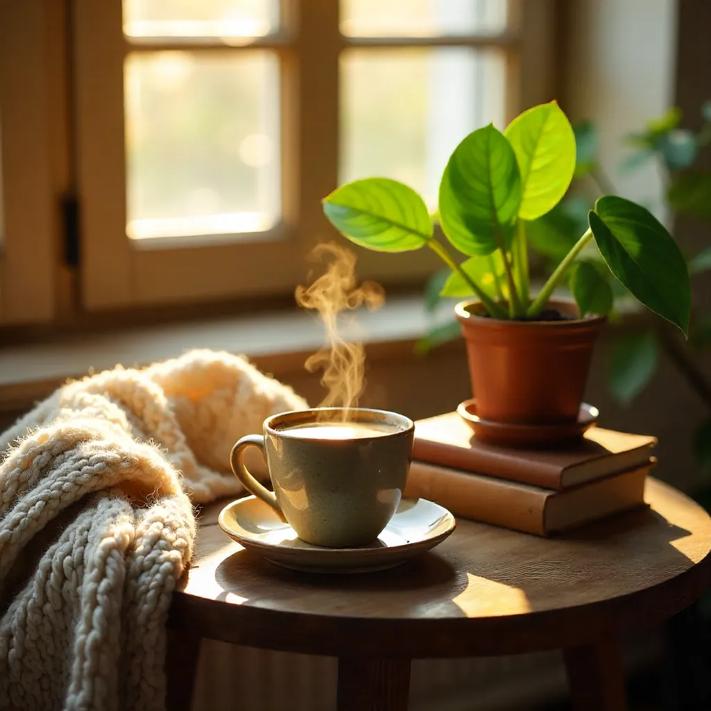 Warm Coffee Scene with Plant and Books on a Small Table