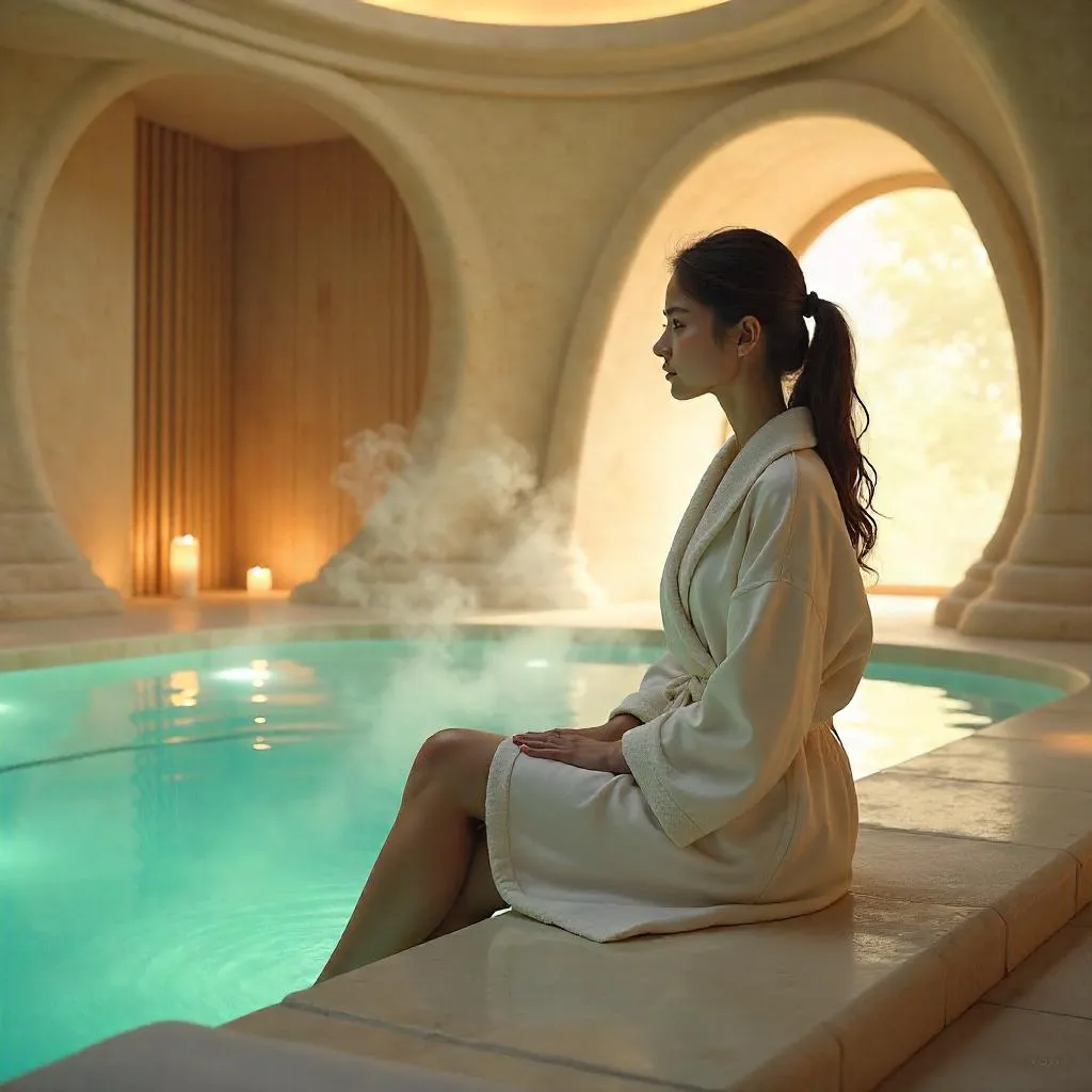 Serene Spa Concept Art: Young Woman in Calm Bathhouse