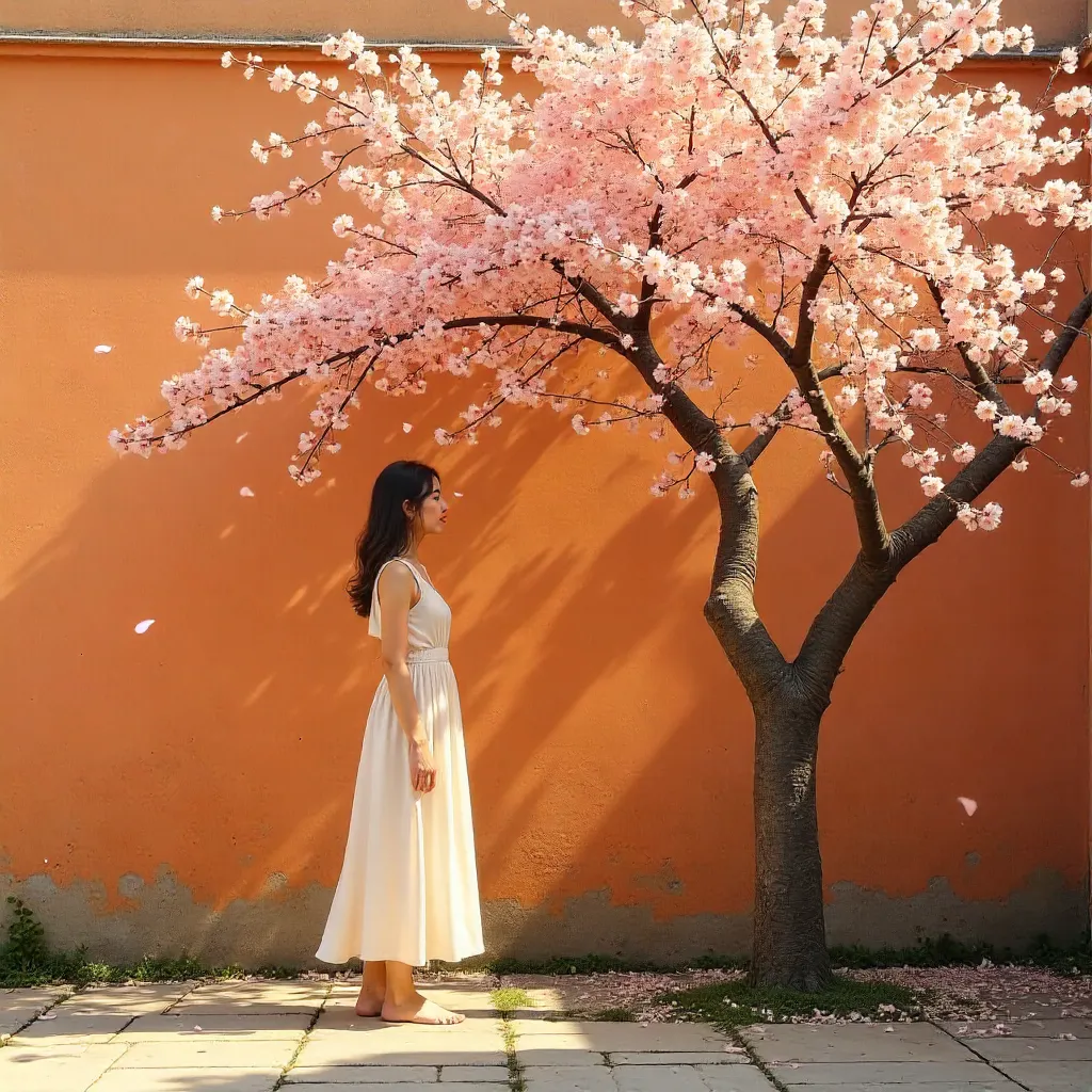 Tranquil Scene: Woman by Blooming Tree and Orange Wall