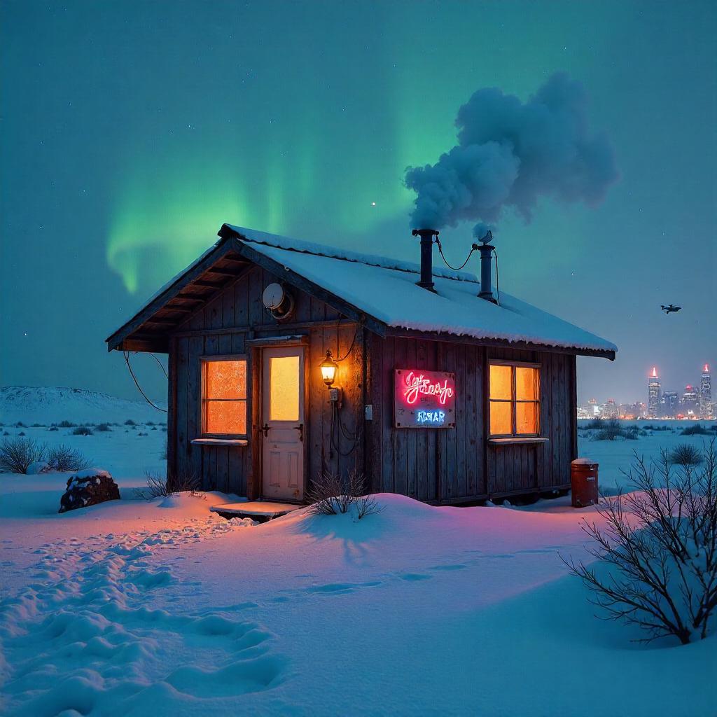 Snowbound Cyberpunk Hut in Neon Night