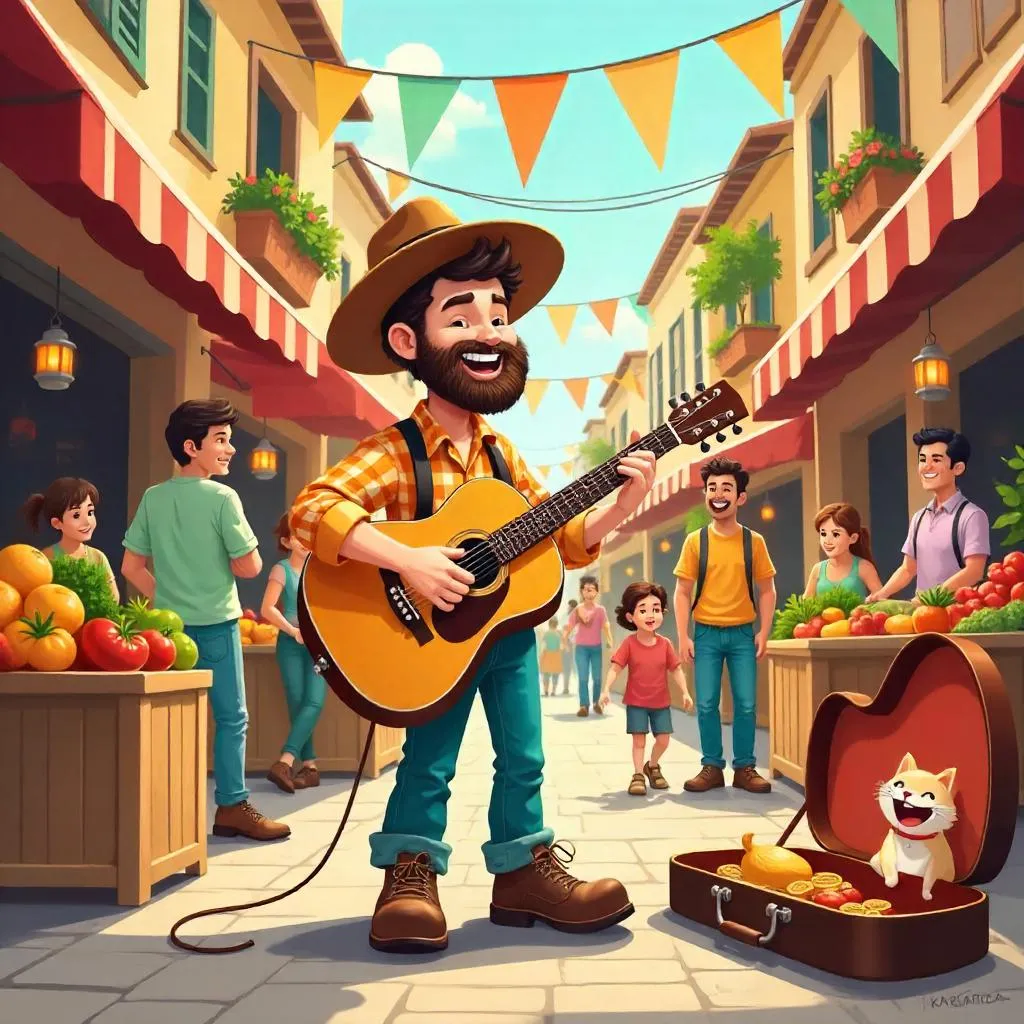 Cartoon Musician Busker in a Bustling Market