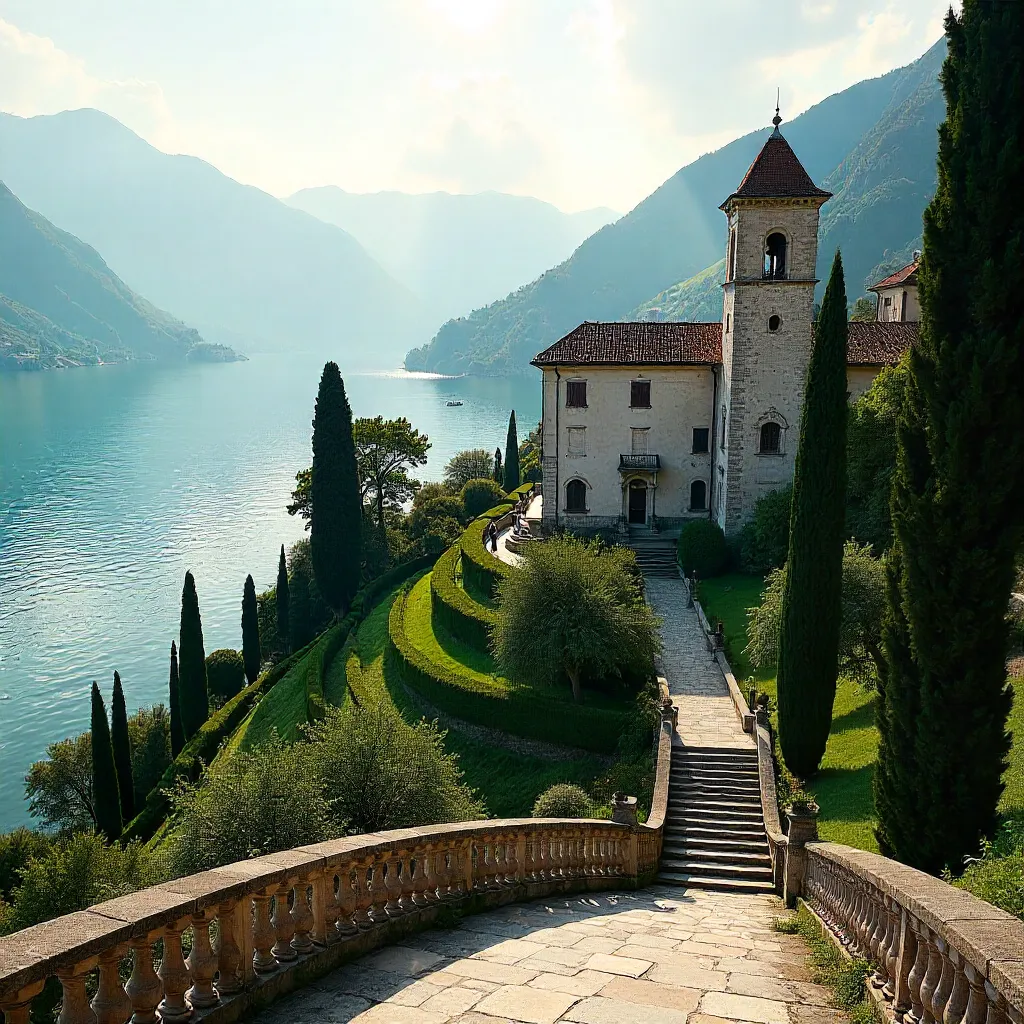 Towers of Villa Balbianello Over Lenno's Lush Gardens