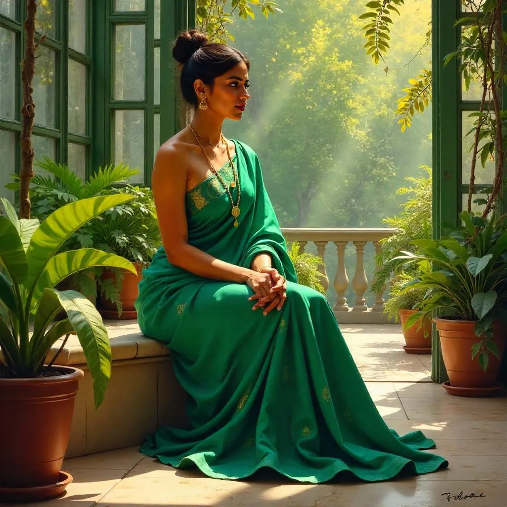Young Indian Woman in a Conservatory - Oil Portrait