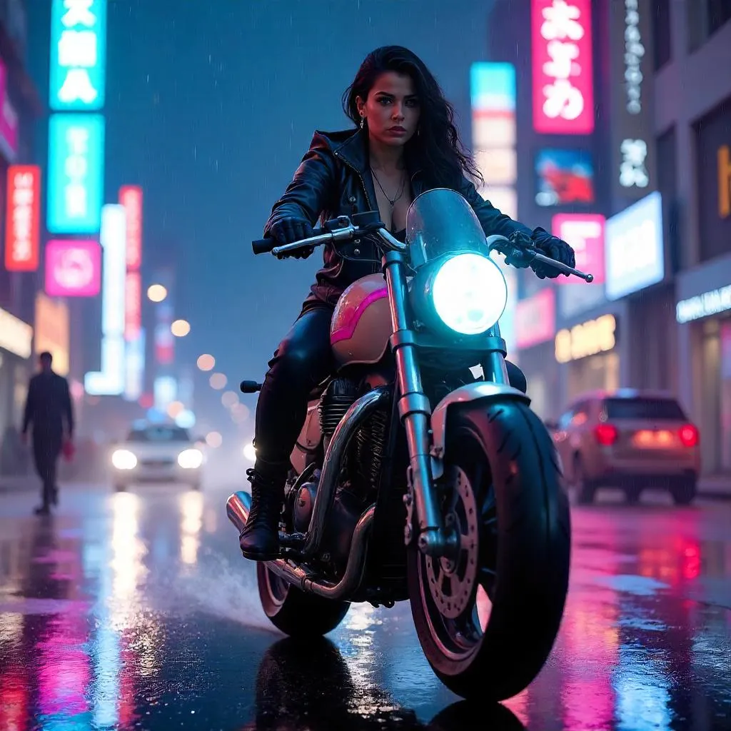 Neon Night Rider: Cyberpunk Latina on a Motorcycle
