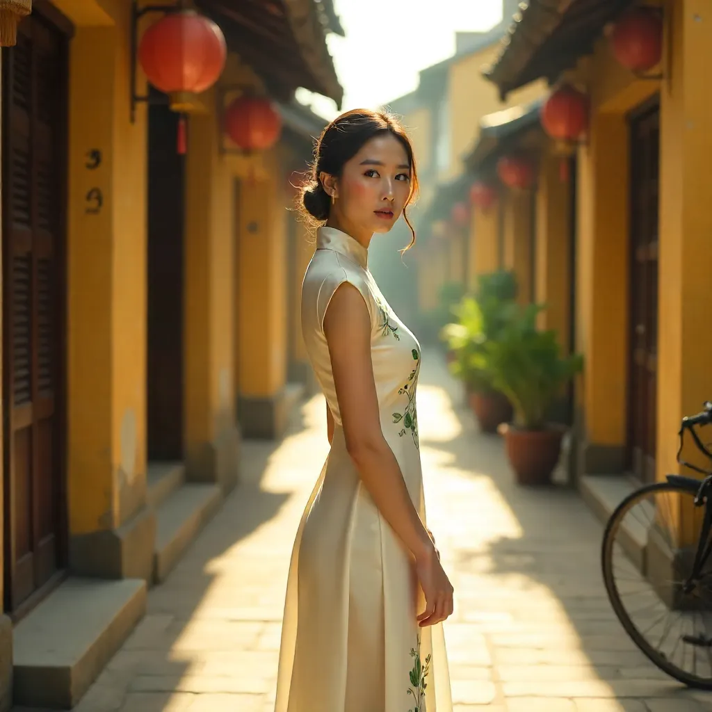 Elegance in Ao Dai in a Sunlit Hội An Alley
