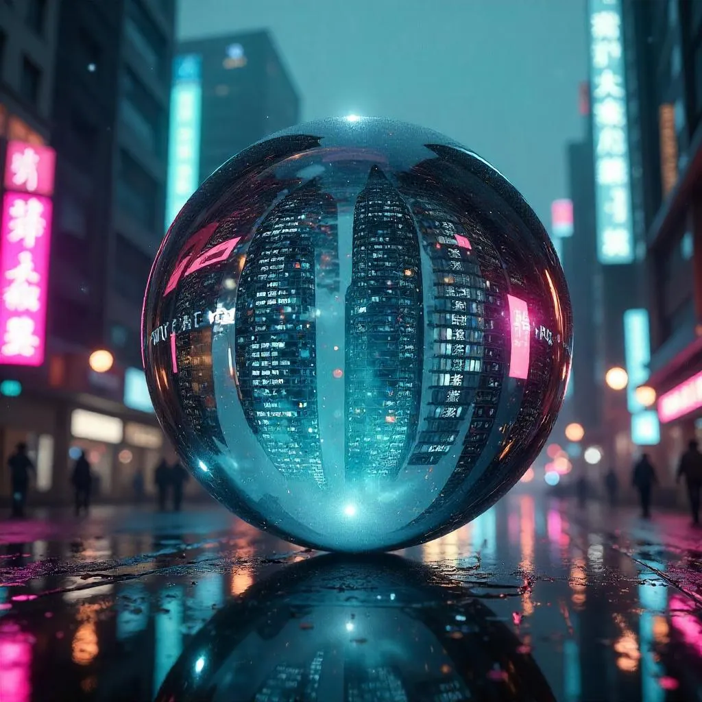Crystal Ball in Neon Cyberpunk Cityscape