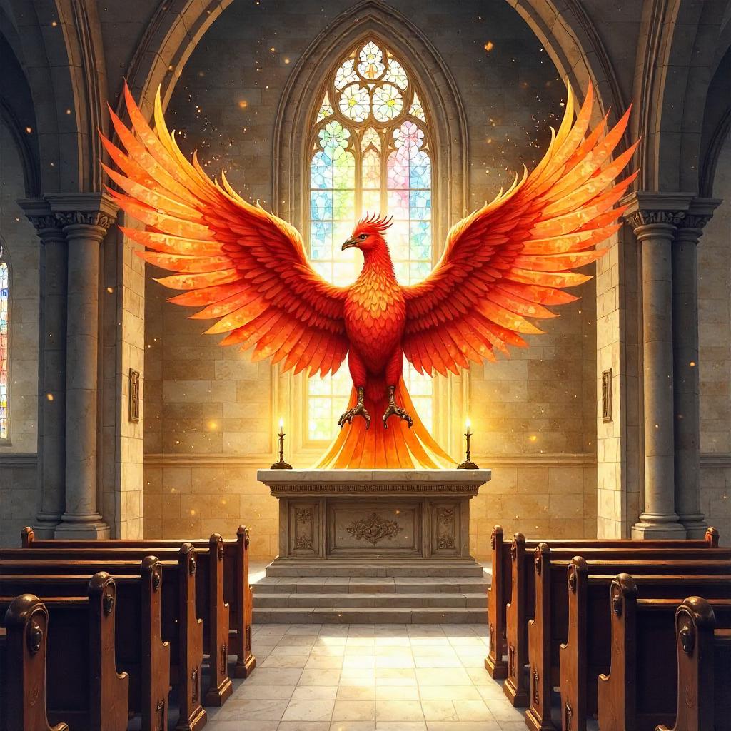 Watercolor Phoenix Rising in a Quiet Chapel