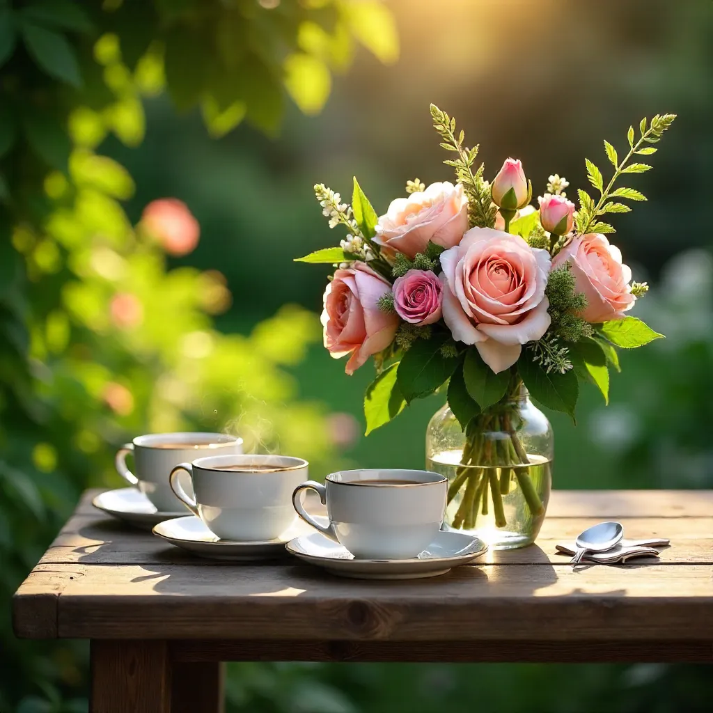Garden Table Tea: Coffee Cups and Bouquet in Lush Greens