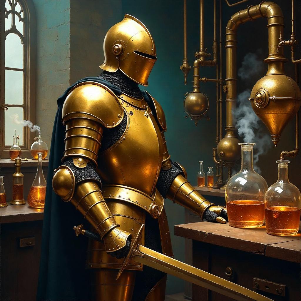 A Knight in a Brass Laboratory: An Oil Painting