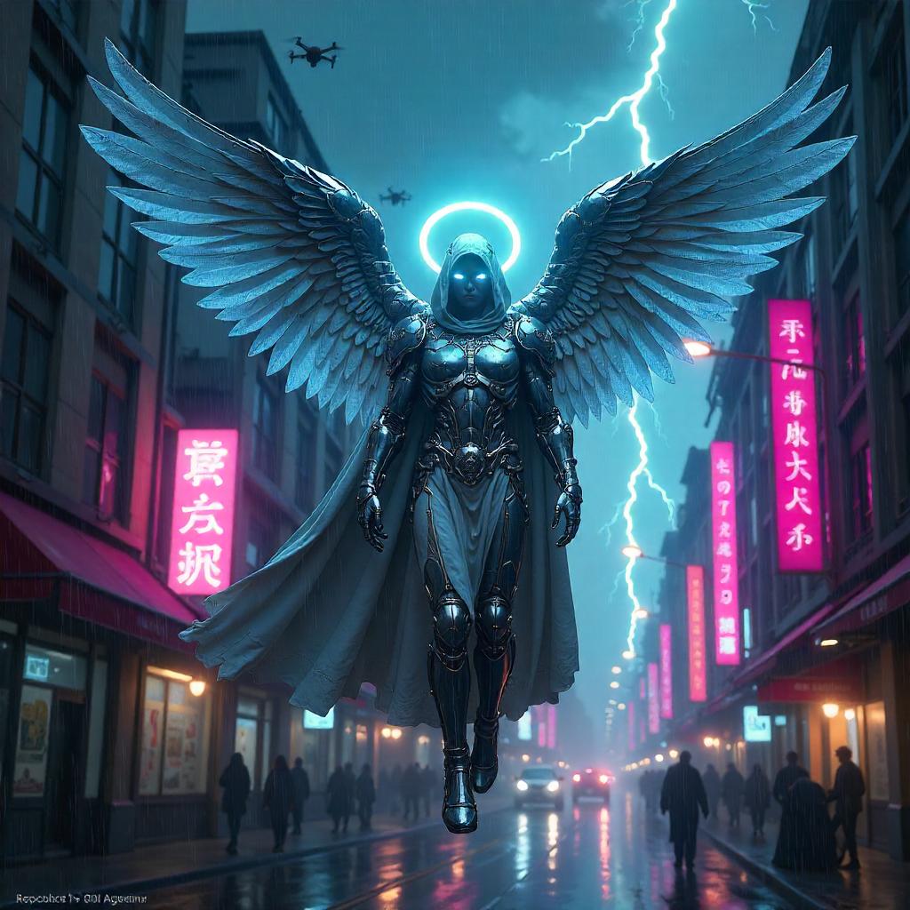 Neon Thunder Angel: Cyberpunk in a Storm
