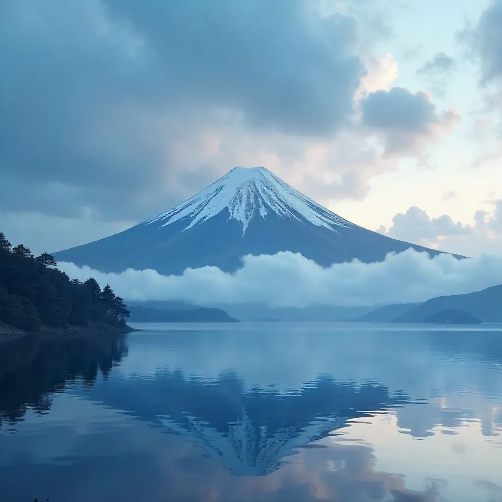 Mount Fuji over a tranquil lakescape under cloudy skies