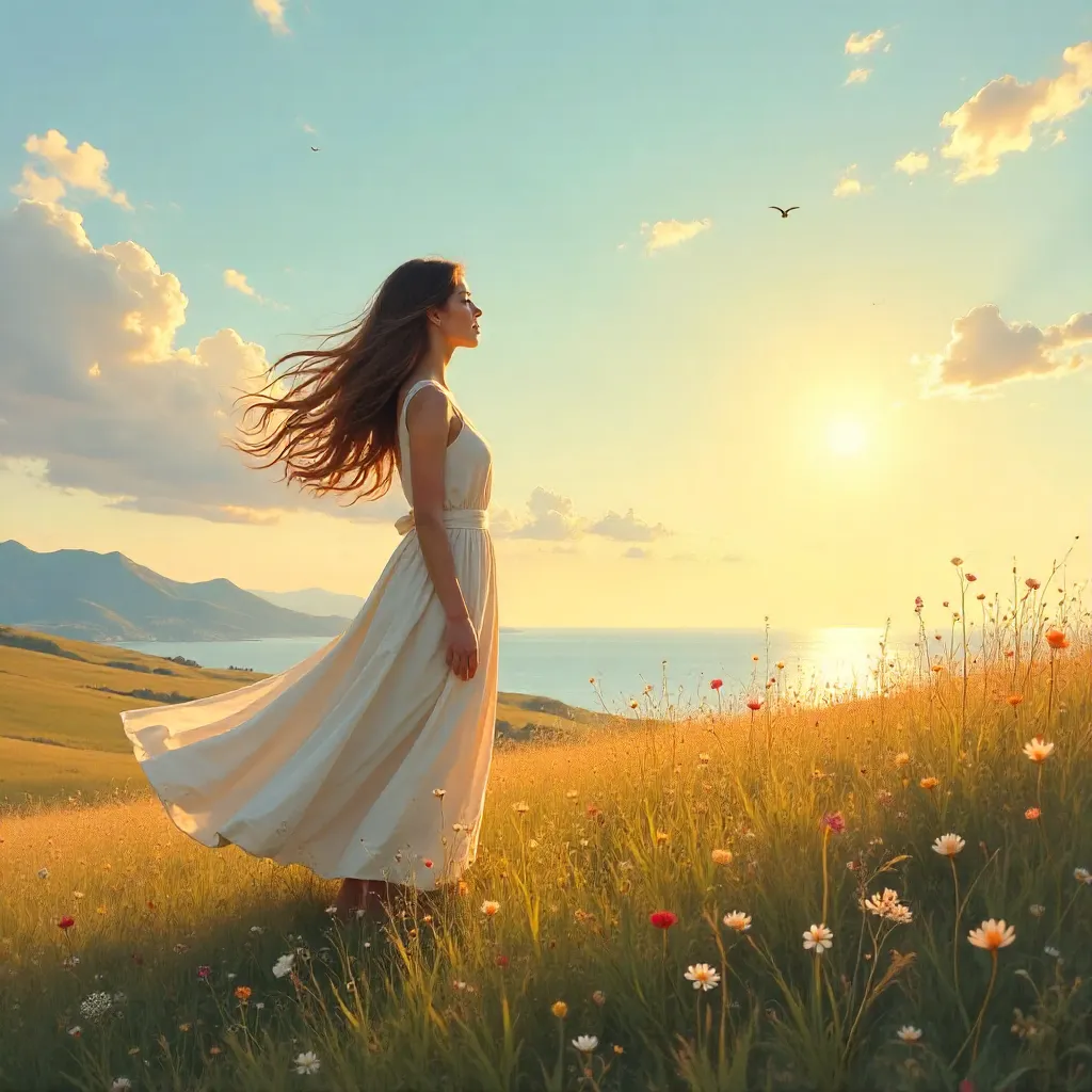 Wind-Swept Tranquility: Woman Gazing at the Sky