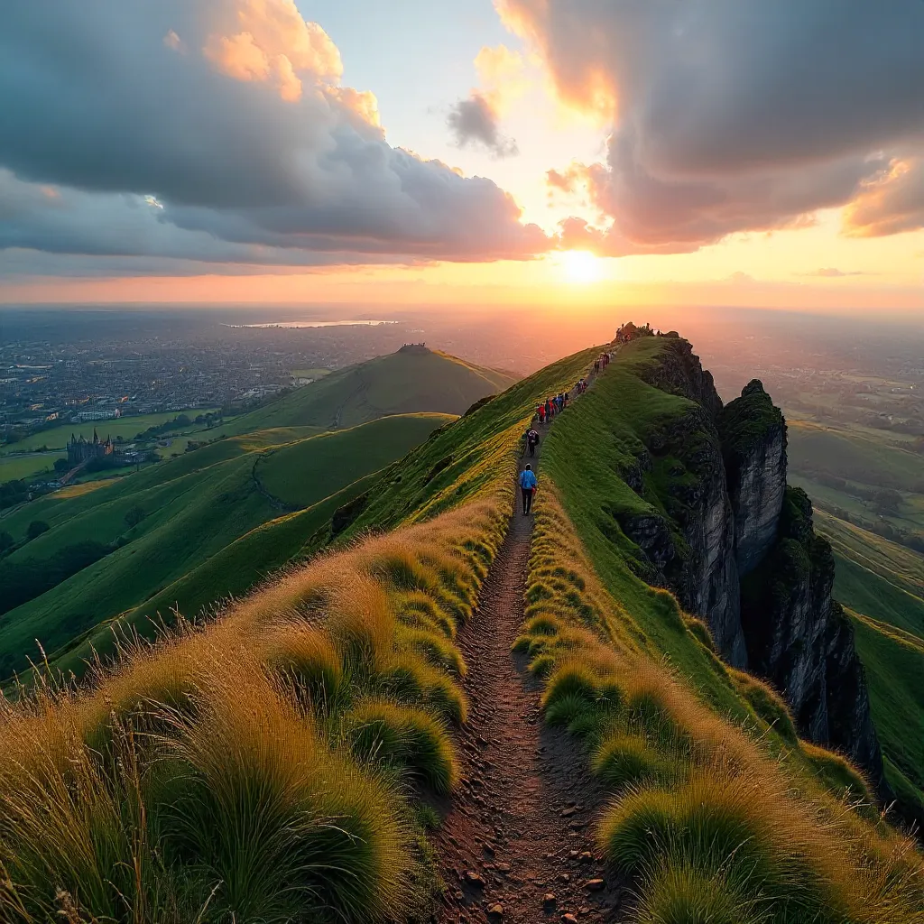 Arthur's Seat Panorama: Hikers Over Edinburgh's Hills