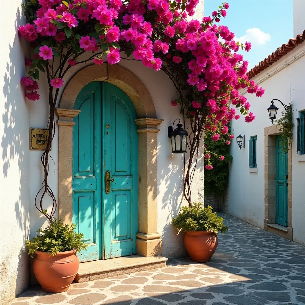 Bougainvillea-Draped Doorway in Izmir, Türkiye