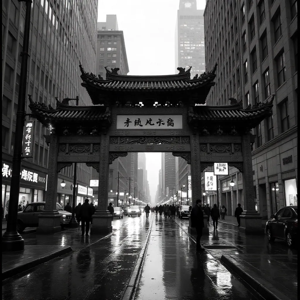 Monochrome Chinatown Gate Amid Modern Cityscape