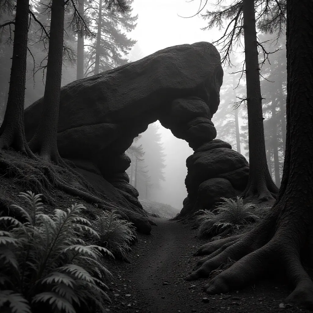 Black and White Rock Monolith in a Quiet Forest