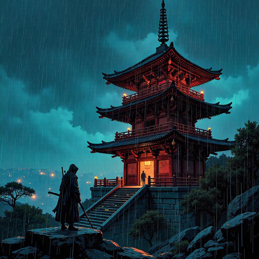 Rain-Drenched Pagoda: A Comic Book Scene in Ink