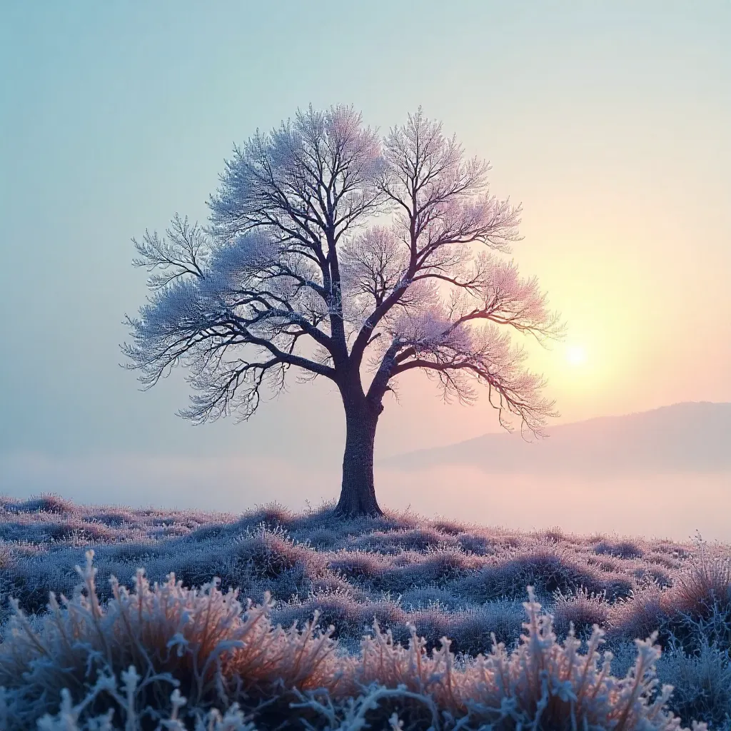Solitary Tree in a Frosty Dawn Mist