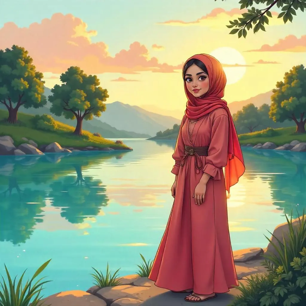 Cartoon Middle Eastern Woman by a Serene Lake