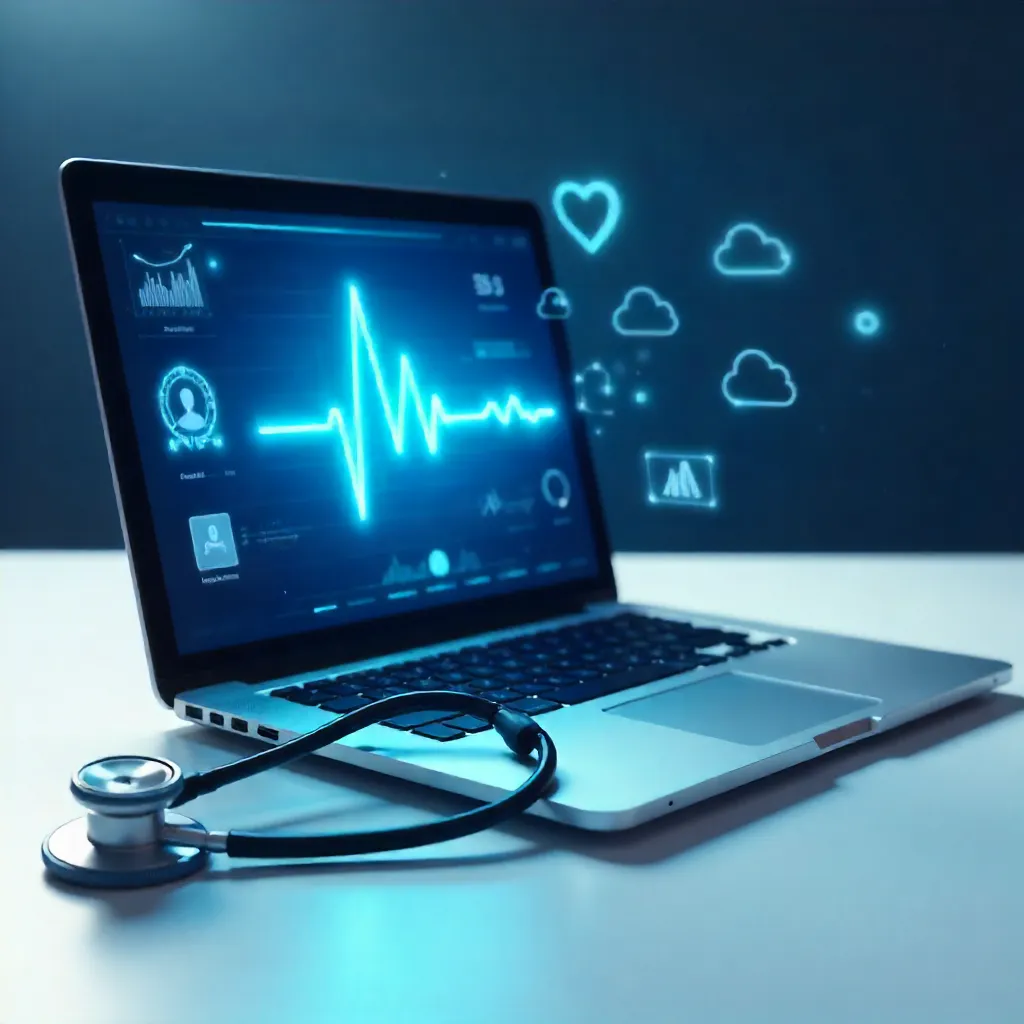Digital Health Desk: Stethoscope and Laptop