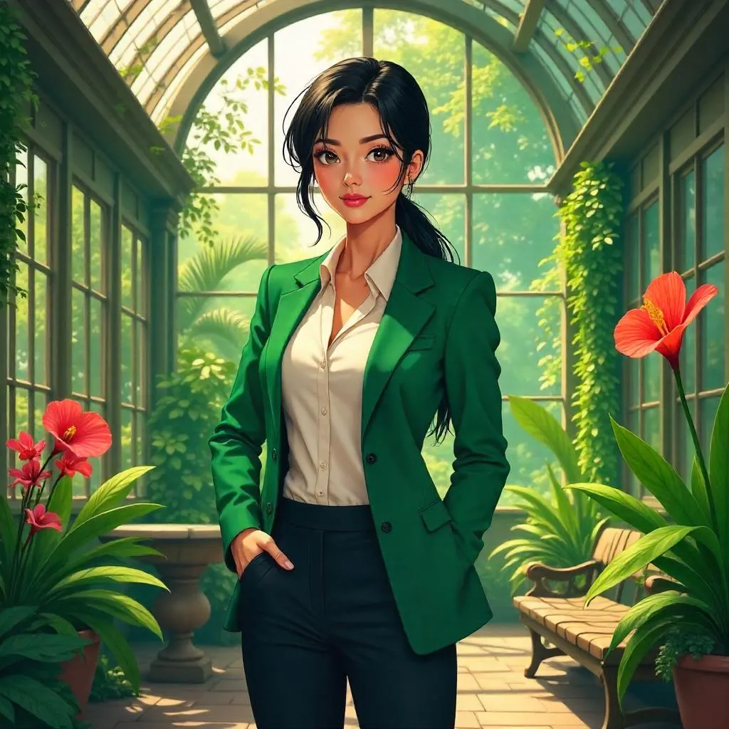 Confident Asian Woman in an Anime Conservatory