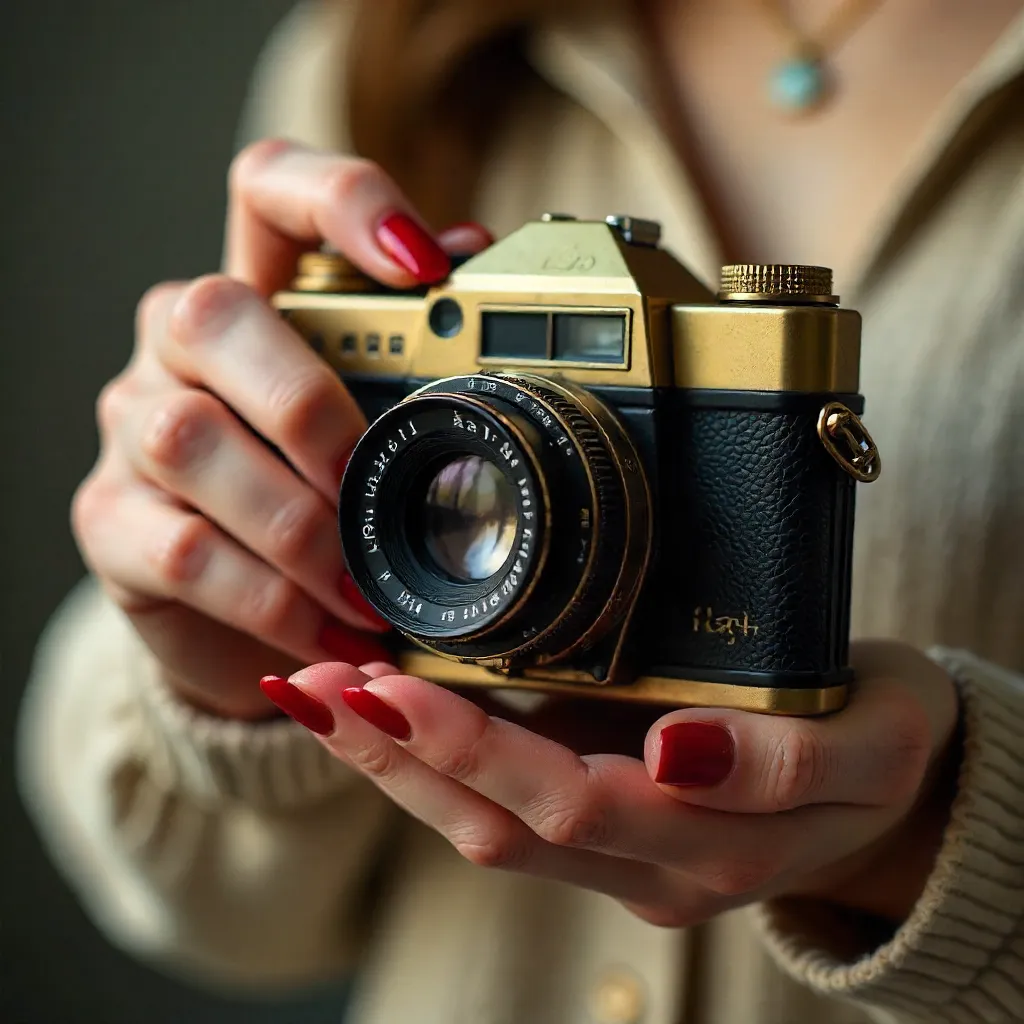 Aesthetic Close-Up: Red Nails on Vintage Camera