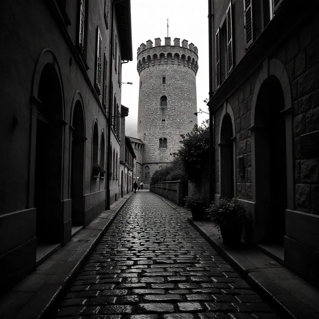 Monochrome Cobbled Street with Historic Tower