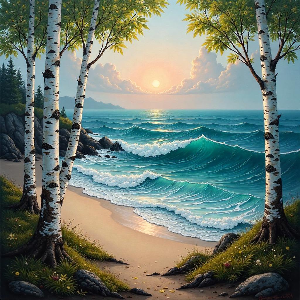Ocean in a Birch Forest: An Oil Painting