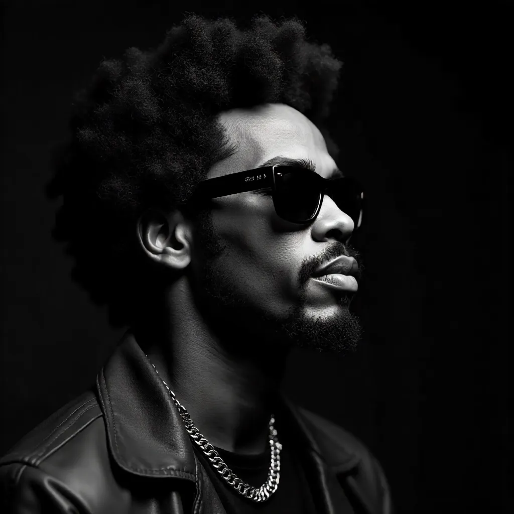 Monochrome Afro Cool: Sunglasses and Chain Portrait