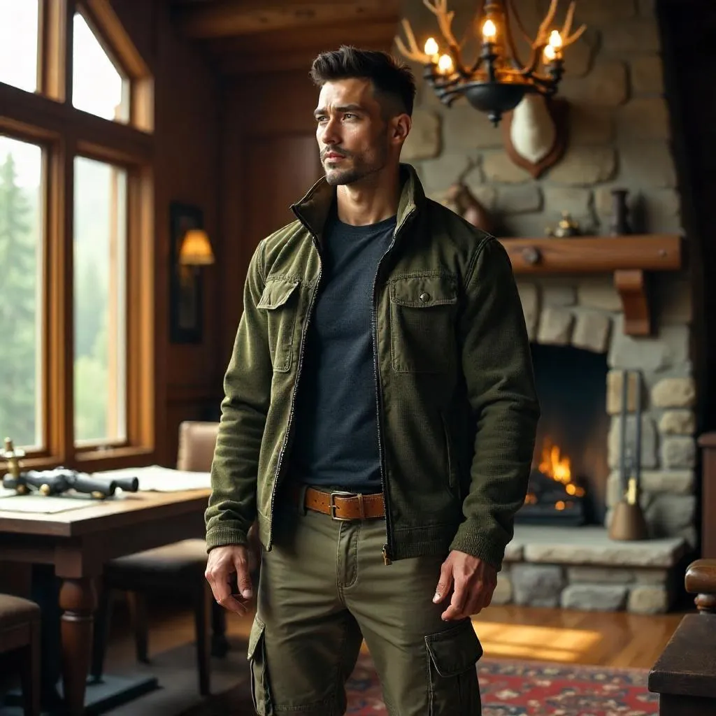 Athletic Asian Man in a Photorealistic Hunting Lodge