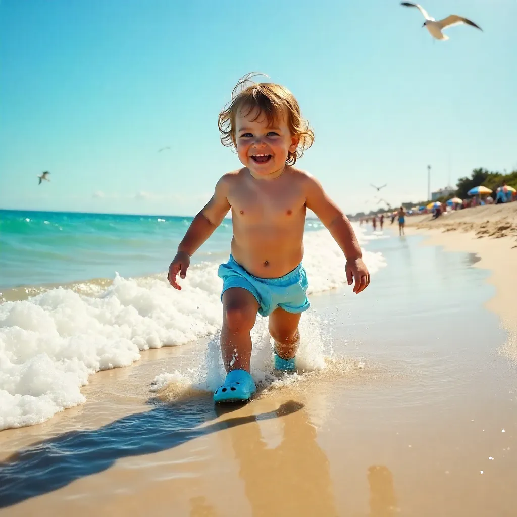 Child in Blue Crocs Playing in Beach Waves