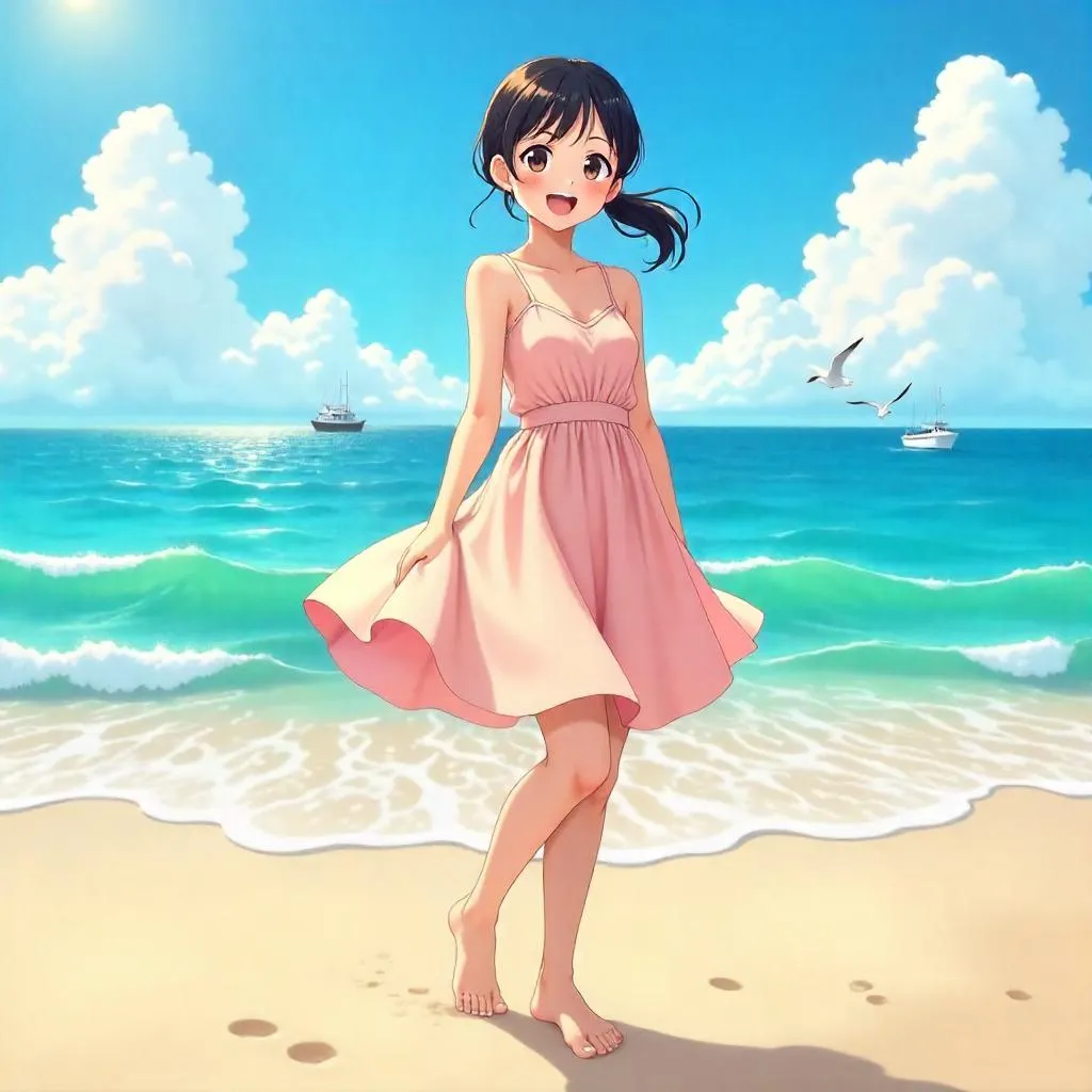 Cheerful Asian Woman by the Ocean in Anime Style