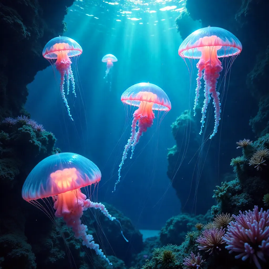 Elegant Jellyfish in a Bioluminescent Ocean