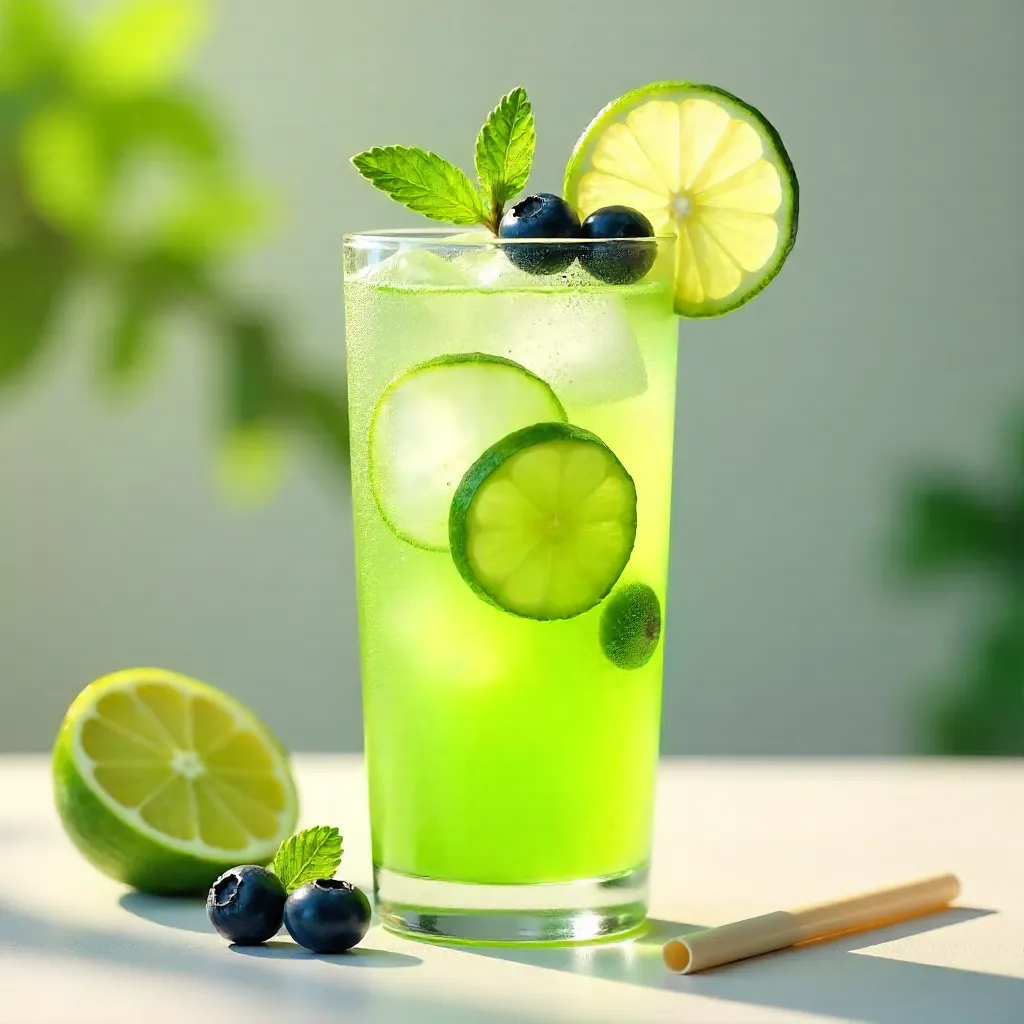 Summer Lime Cocktail with Blueberry & Cucumber Garnish