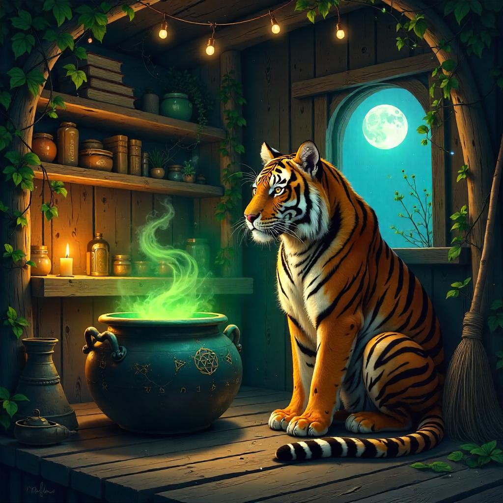 Tiger in a Witch's Hut — Digital Night Art