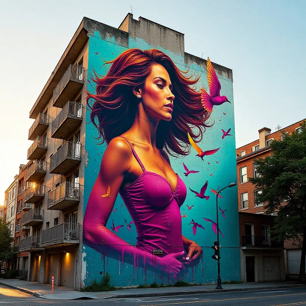 Vivid Woman and Birds Mural on Modern Building