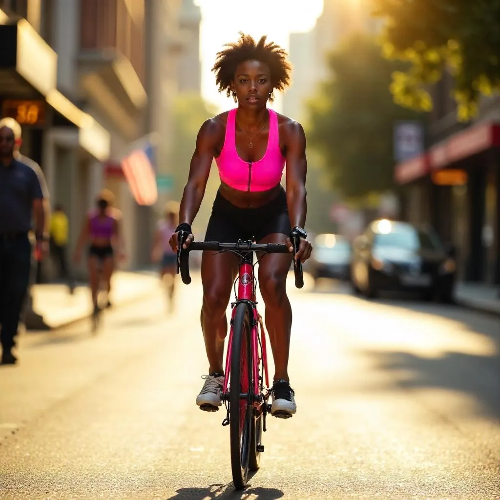 Confident Black Woman Cycling Through a Sunlit City